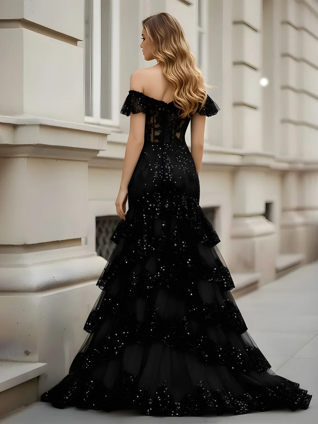 Glamorous Mermaid Off-Shoulder Tiered Ruffles Sequin Black Floor-Length Prom Dresses Gown