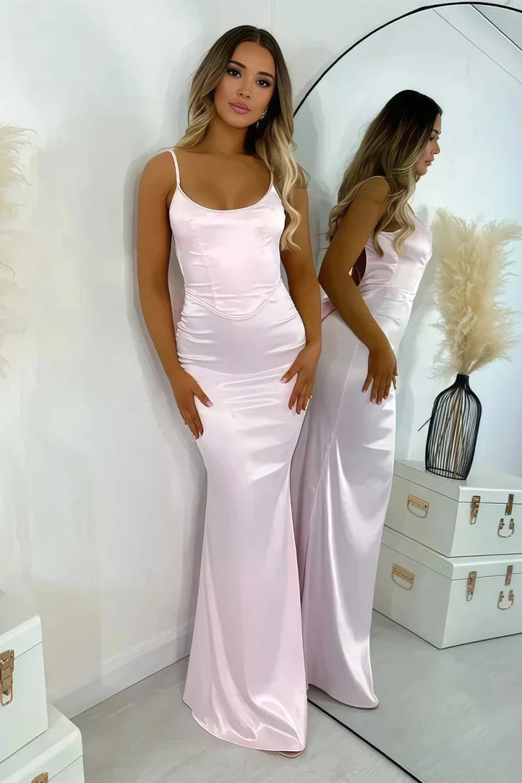 Glamorous Mermaid Spaghetti Strap Backless Bow Pink Floor-Length Prom Dress
