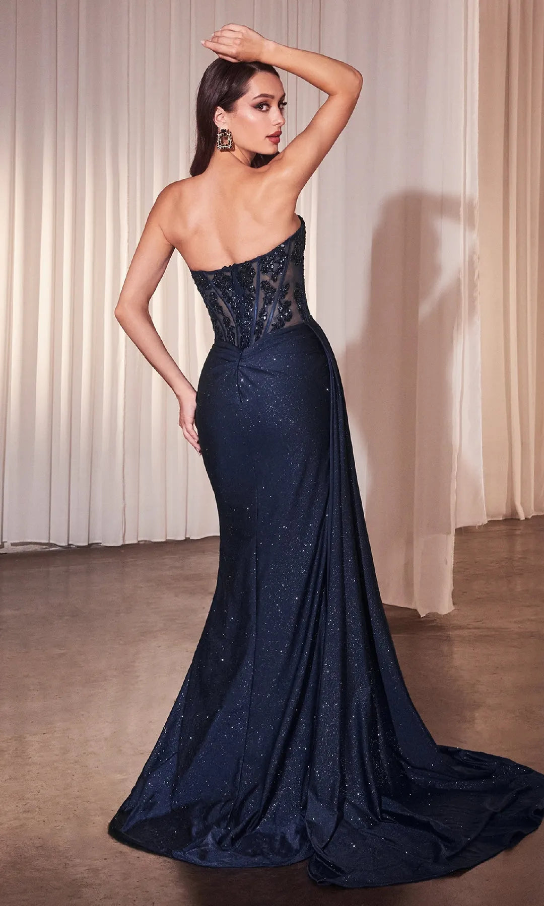 Glamorous Mermaid Strapless Sleeveless Corset Slit Navy Maxi Prom Dresses Women Gown