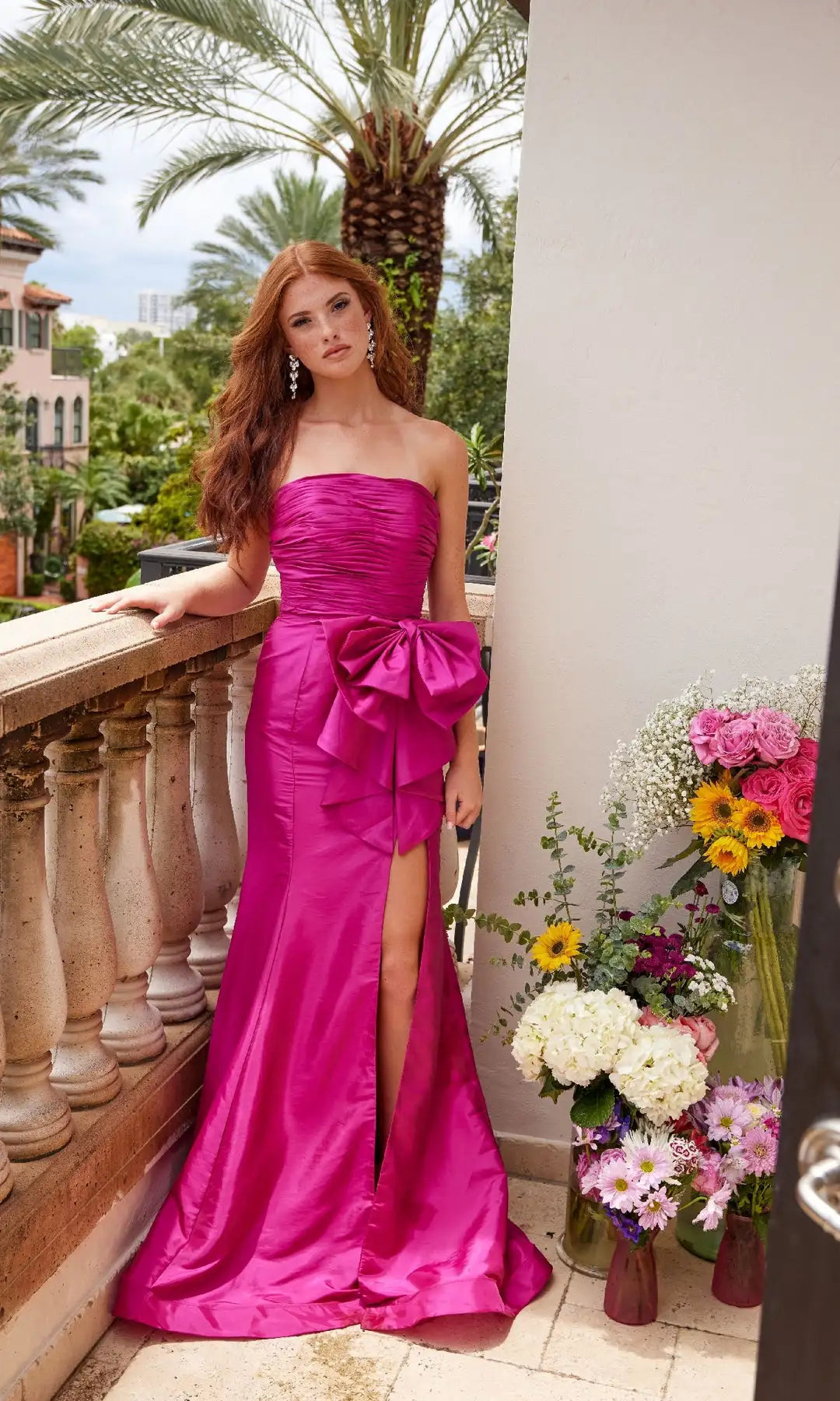 Glamorous Mermaid Strapless Sleeveless Ruched Bow Fuchsia Long Prom Dresses Women