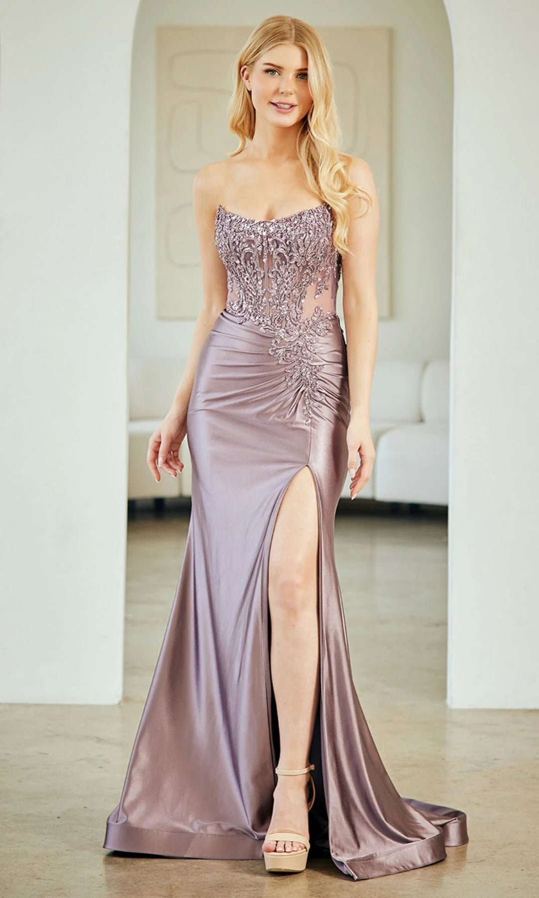 Glamorous Mermaid Strapless Sleeveless Ruched Slit Mauve Long Prom Dresses Women