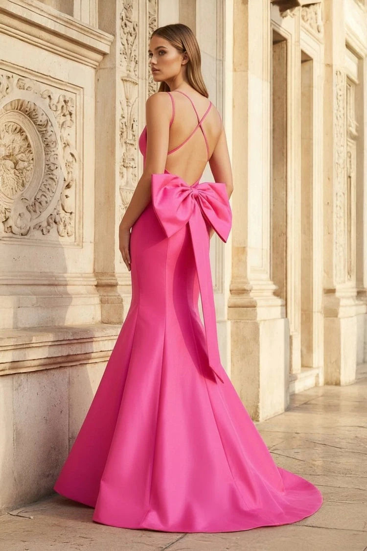 Glamorous Mermaid Sweetheart Sleeveless Backless Bow Fuchsia Floor-Length Prom Dresses Women's Gown