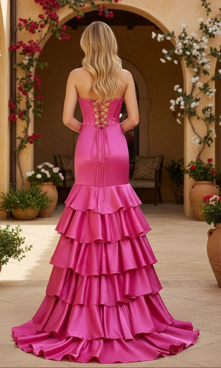 Glamorous Mermaid Sweetheart Sleeveless Tiered Slit Pink Long Prom Dresses Women
