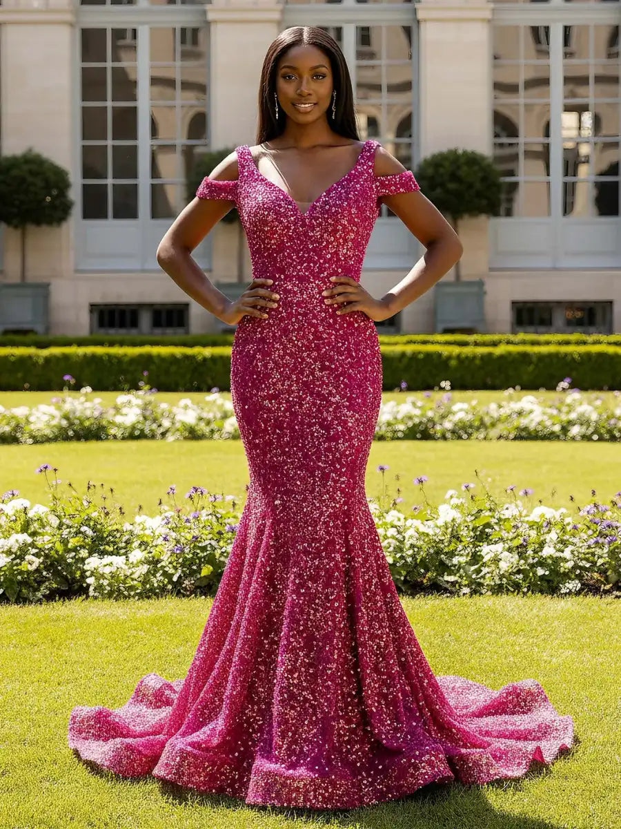 Glamorous Mermaid V-Neck Off-Shoulder Sequin Fuchsia Floor-Length Prom Dresses Gown