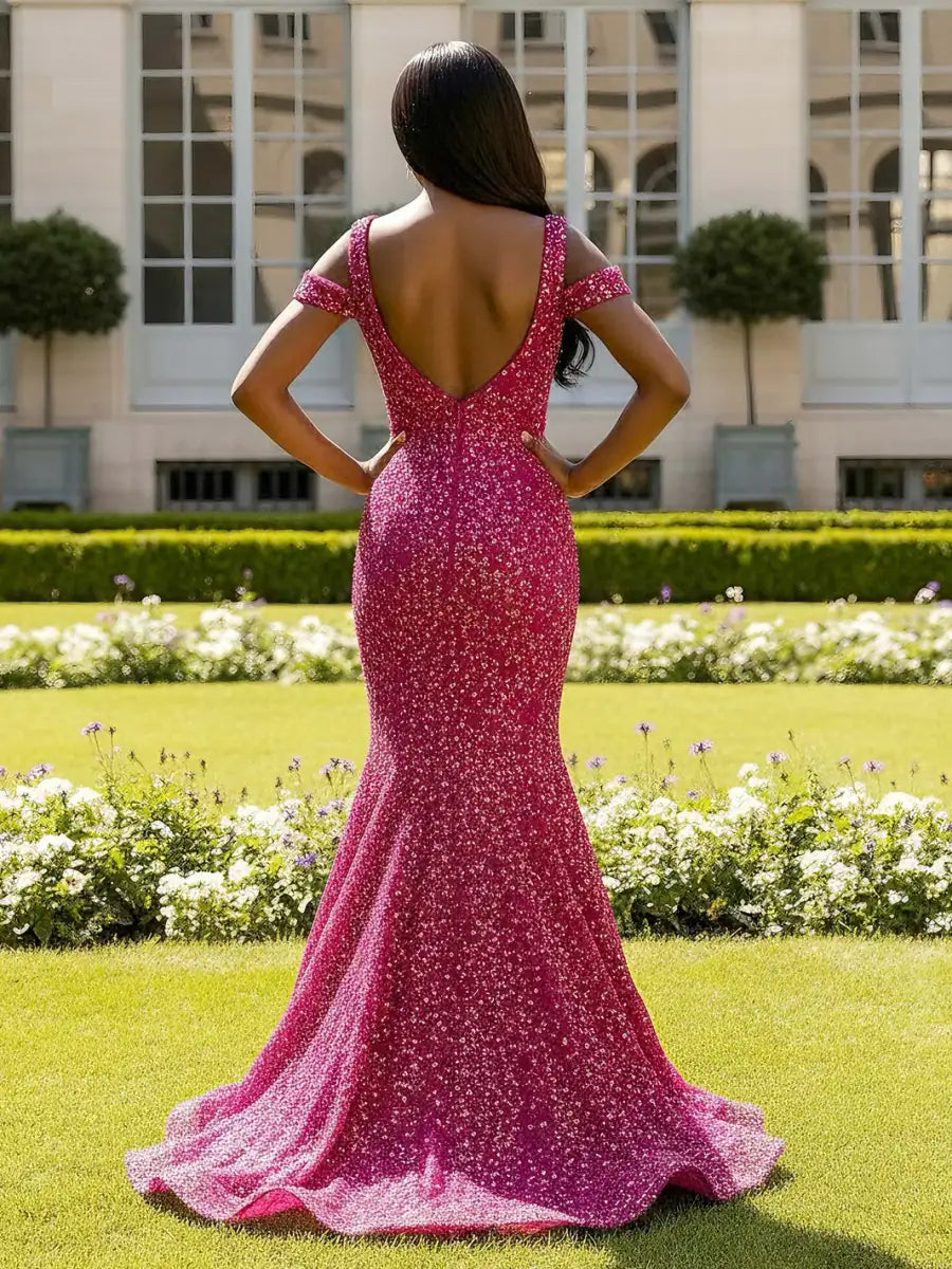 Glamorous Mermaid V-Neck Off-Shoulder Sequin Fuchsia Floor-Length Prom Dresses Gown