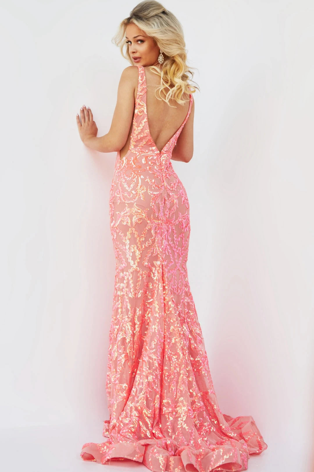 Glamorous Mermaid V-Neck Sleeveless Backless Formal Coral Long Prom Dresses Women