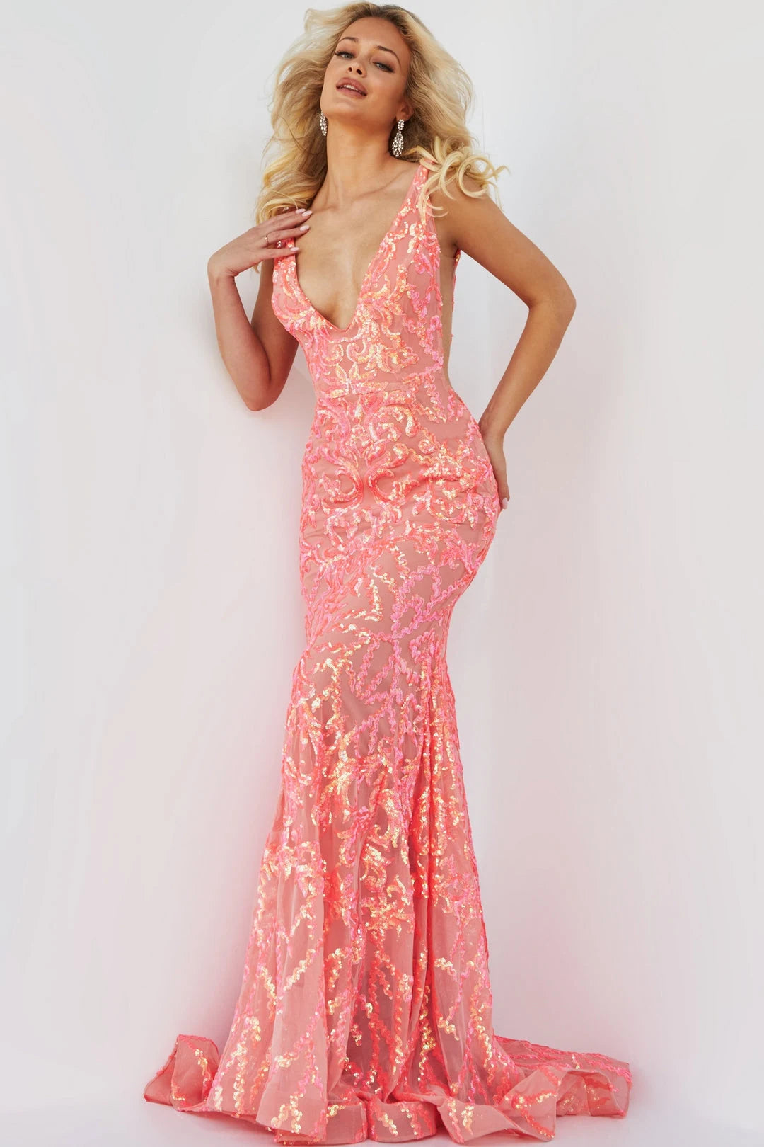 Glamorous Mermaid V-Neck Sleeveless Backless Formal Coral Long Prom Dresses Women