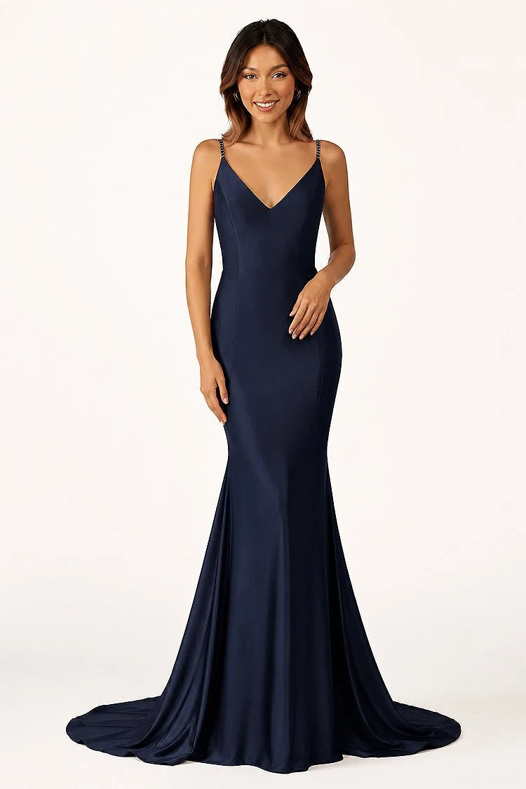 Glamorous Mermaid V-Neck Sleeveless Beaded Backless Navy Floor-Length Prom Dress
