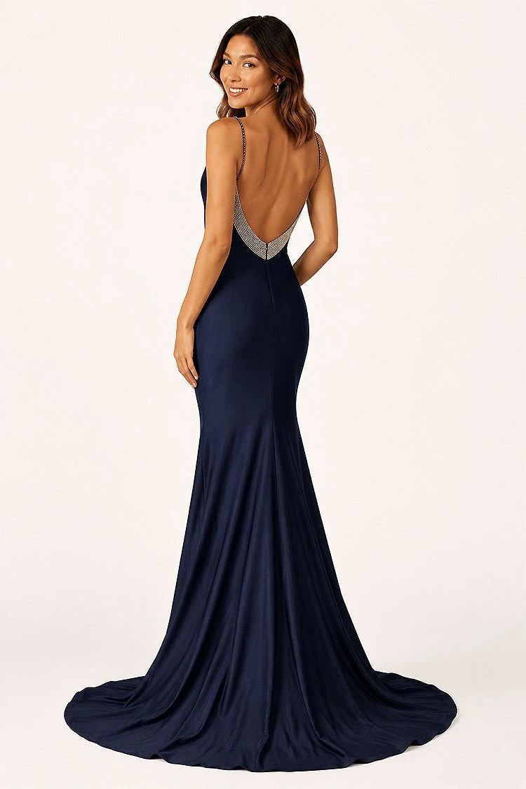 Glamorous Mermaid V-Neck Sleeveless Beaded Backless Navy Floor-Length Prom Dress