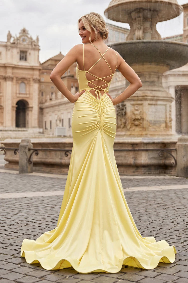 Glamorous Mermaid V-Neck Sleeveless High Slit Yellow Floor-Length Prom Dress Gown
