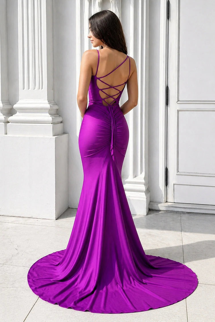 Glamorous Mermaid V-Neck Sleeveless Ruched Backless Purple Floor-Length Prom Dress