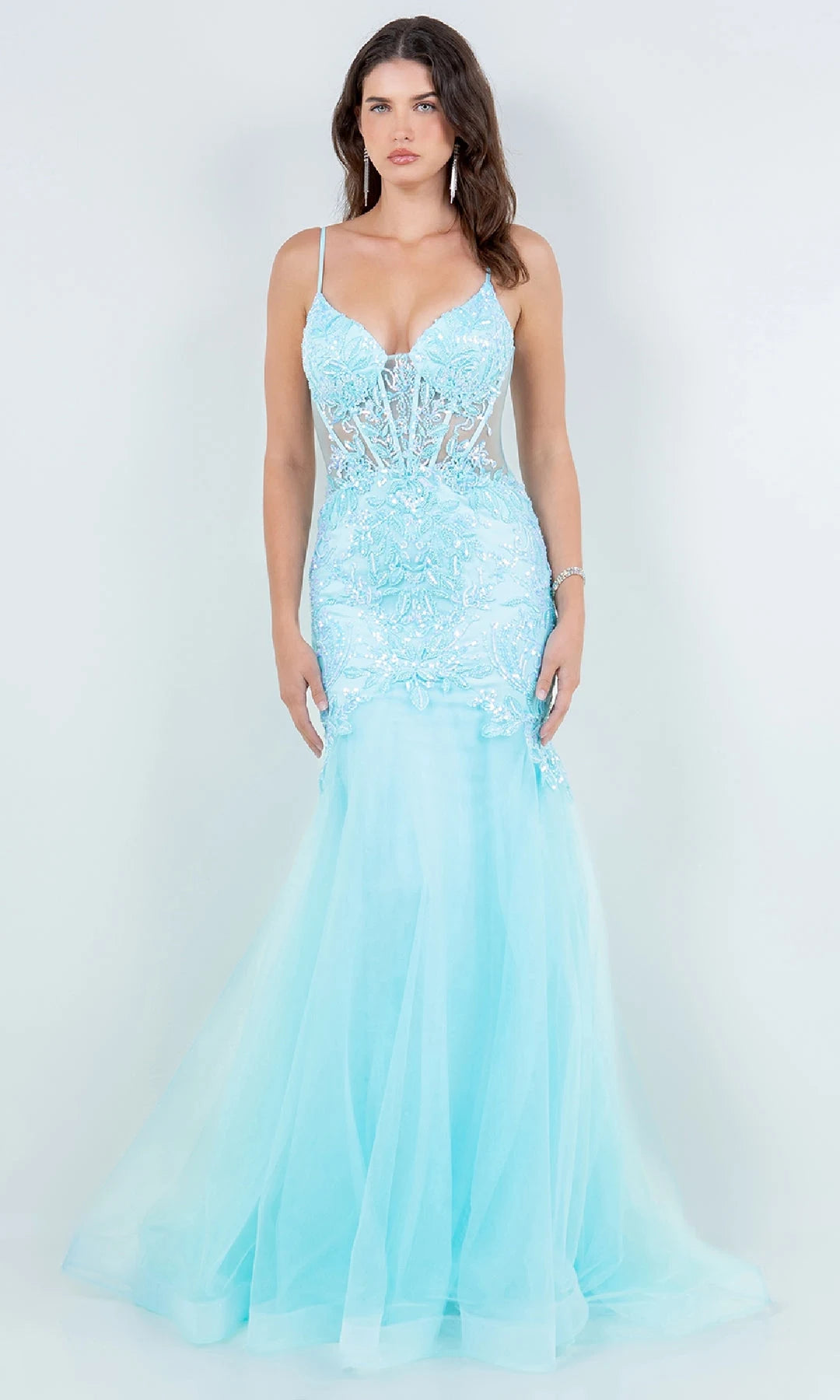 Glamorous Mermaid V-Neck Sleeveless Sequin Corset Blue Long Prom Dresses Women