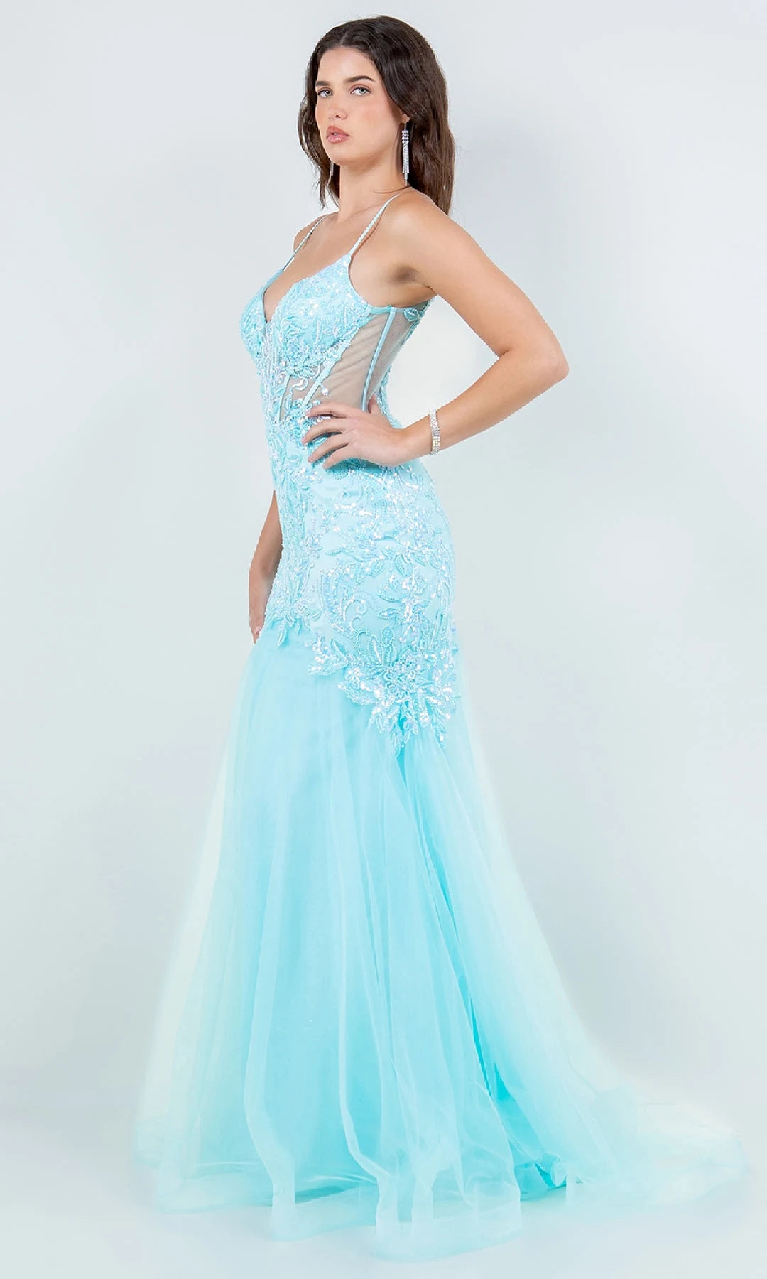 Glamorous Mermaid V-Neck Sleeveless Sequin Corset Blue Long Prom Dresses Women