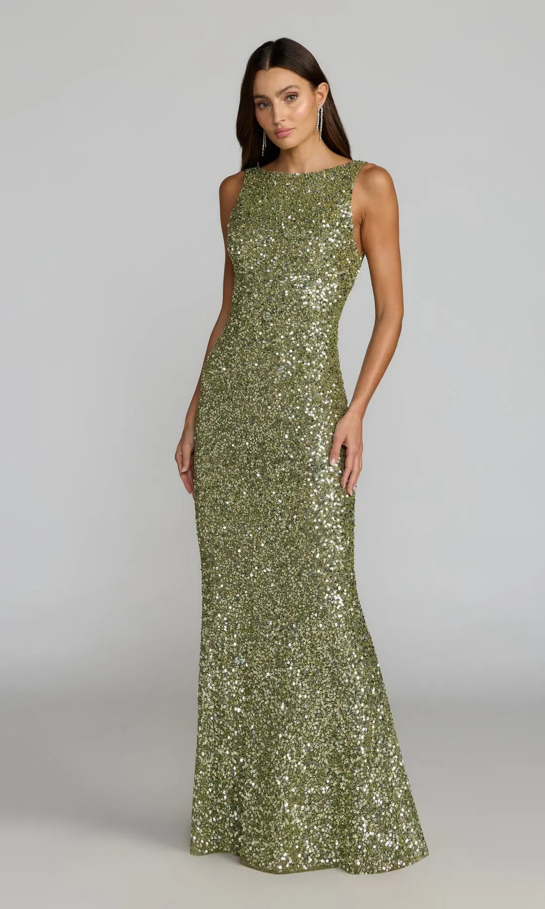 Glamorous Sheath Bateau Sleeveless Open Back Olive Maxi Prom Dresses Women