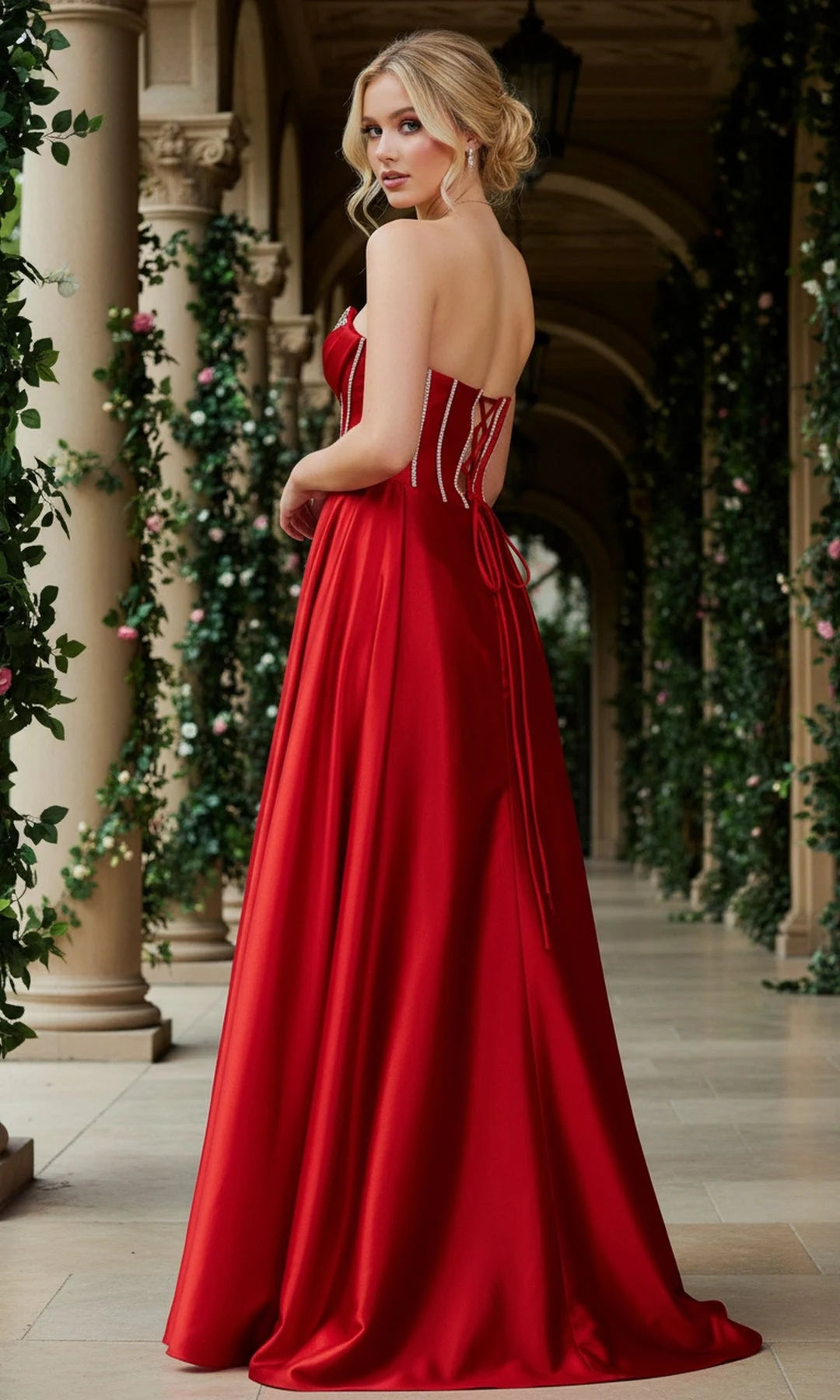 Glamorous Sheath Strapless Sleeveless Beaded Slit Red Long Prom Dresses Women Gown