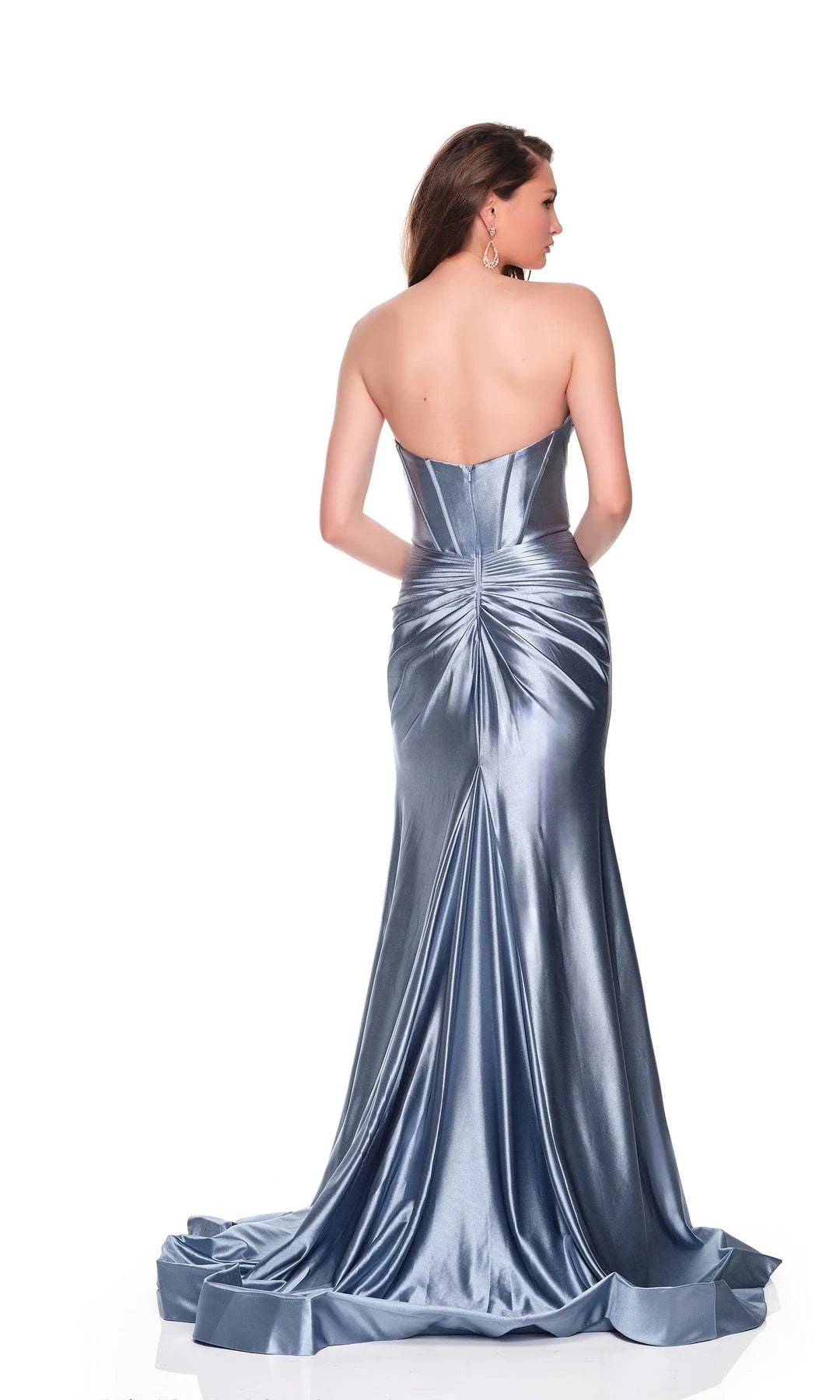Glamorous Sheath Strapless Sleeveless Corset Slit Blue Long Prom Dresses Women