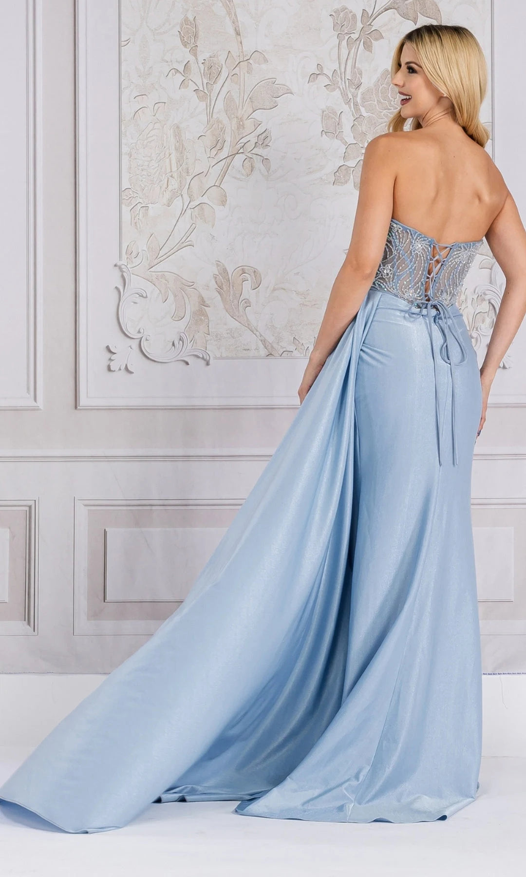 Glamorous Sheath Strapless Sleeveless Corset Slit Blue Long Prom Dresses Women