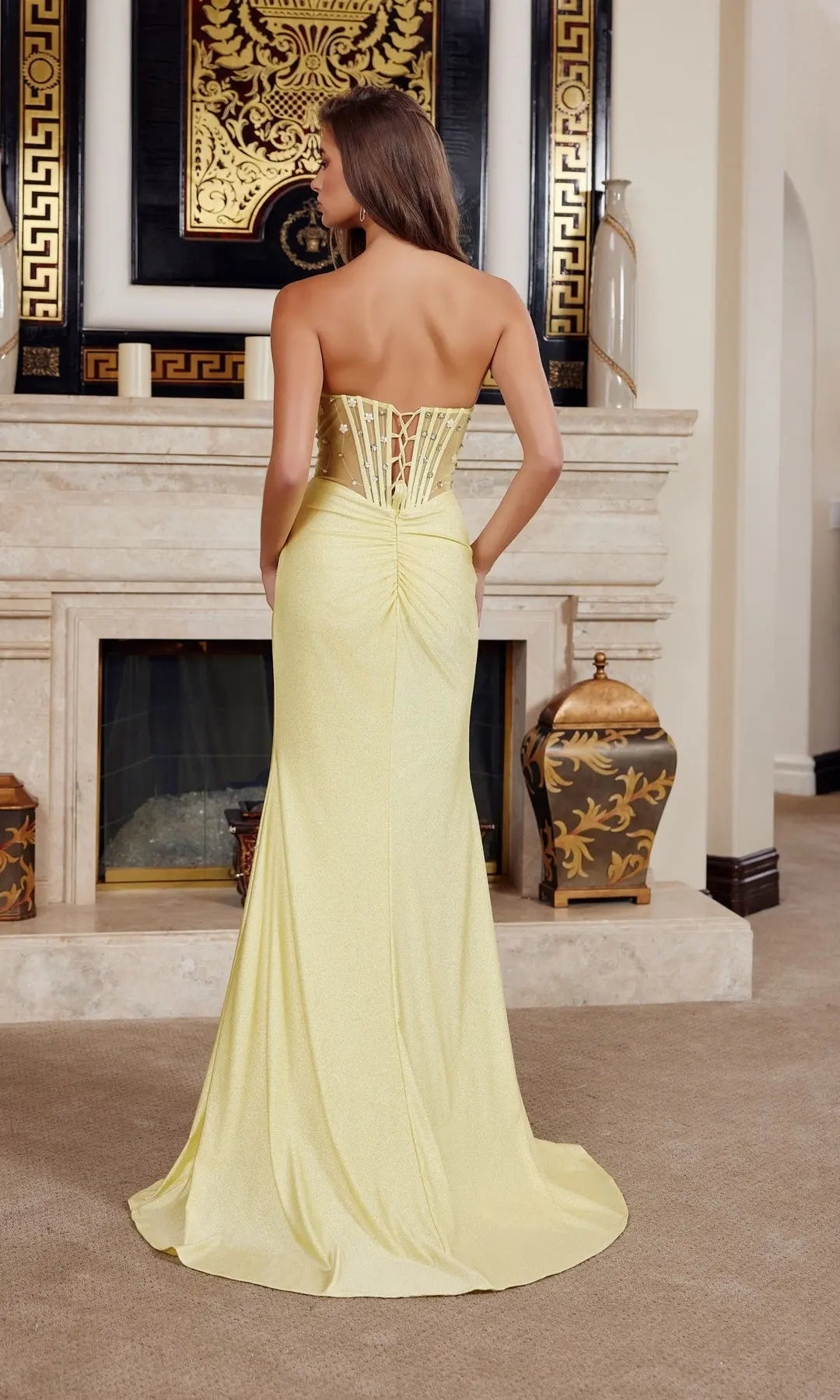 Glamorous Sheath Strapless Sleeveless Corset Slit Yellow Long Prom Dresses Women