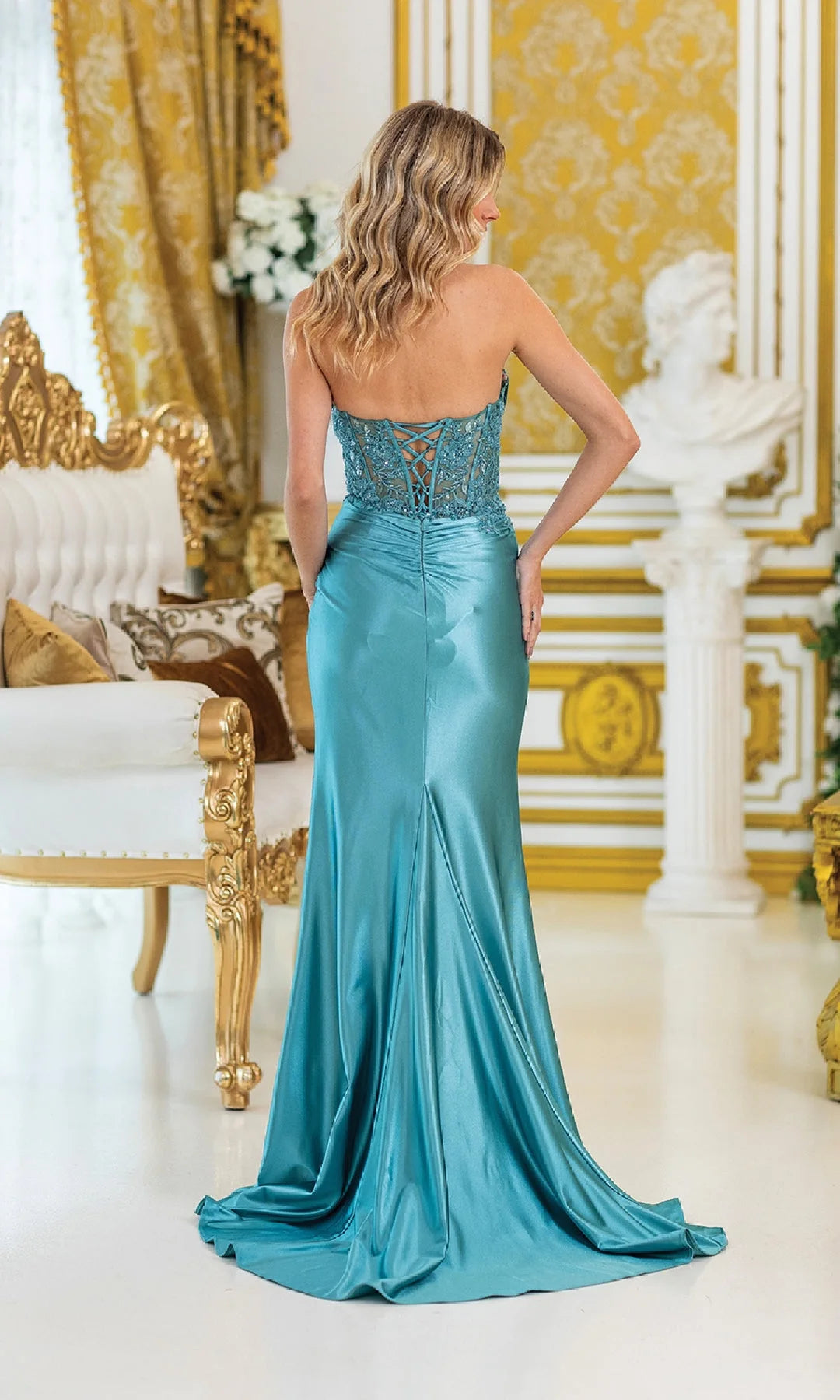 Glamorous Sheath Strapless Sleeveless Ruched Slit Teal Long Prom Dresses Women Gown