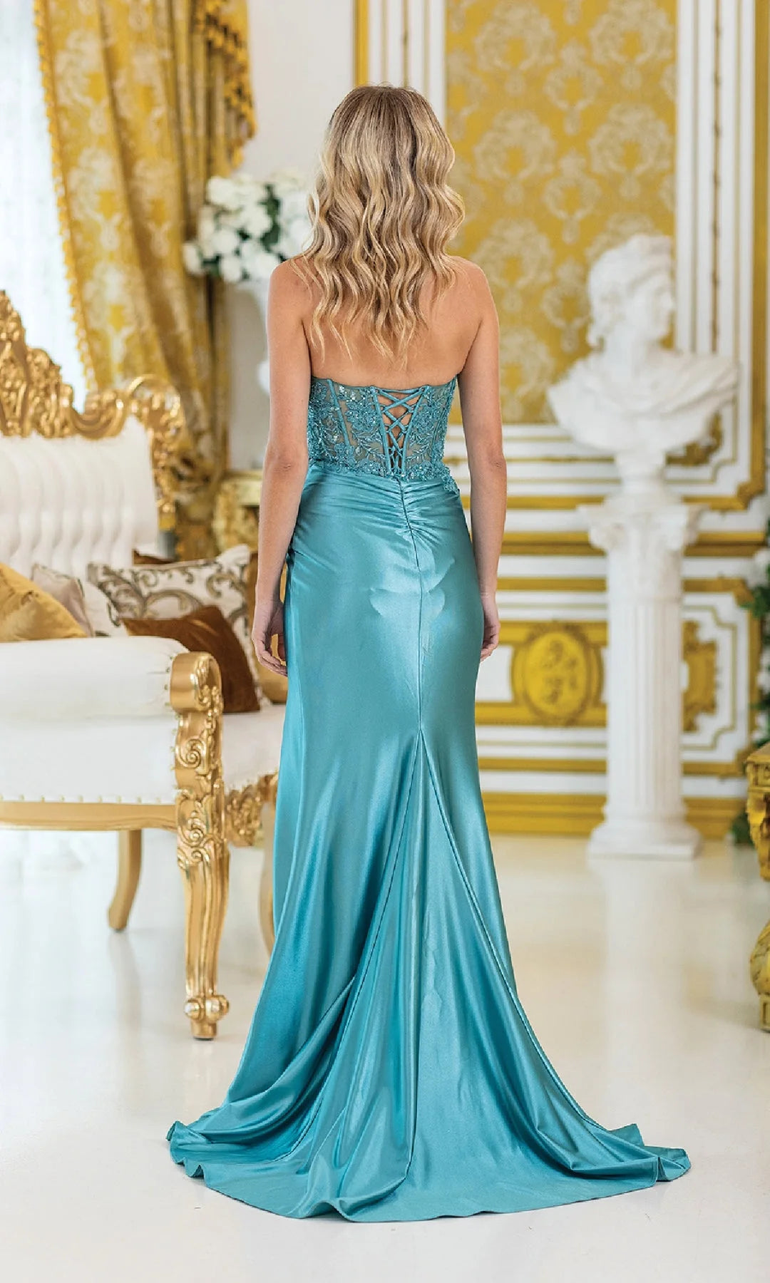 Glamorous Sheath Strapless Sleeveless Ruched Slit Teal Long Prom Dresses Women Gown