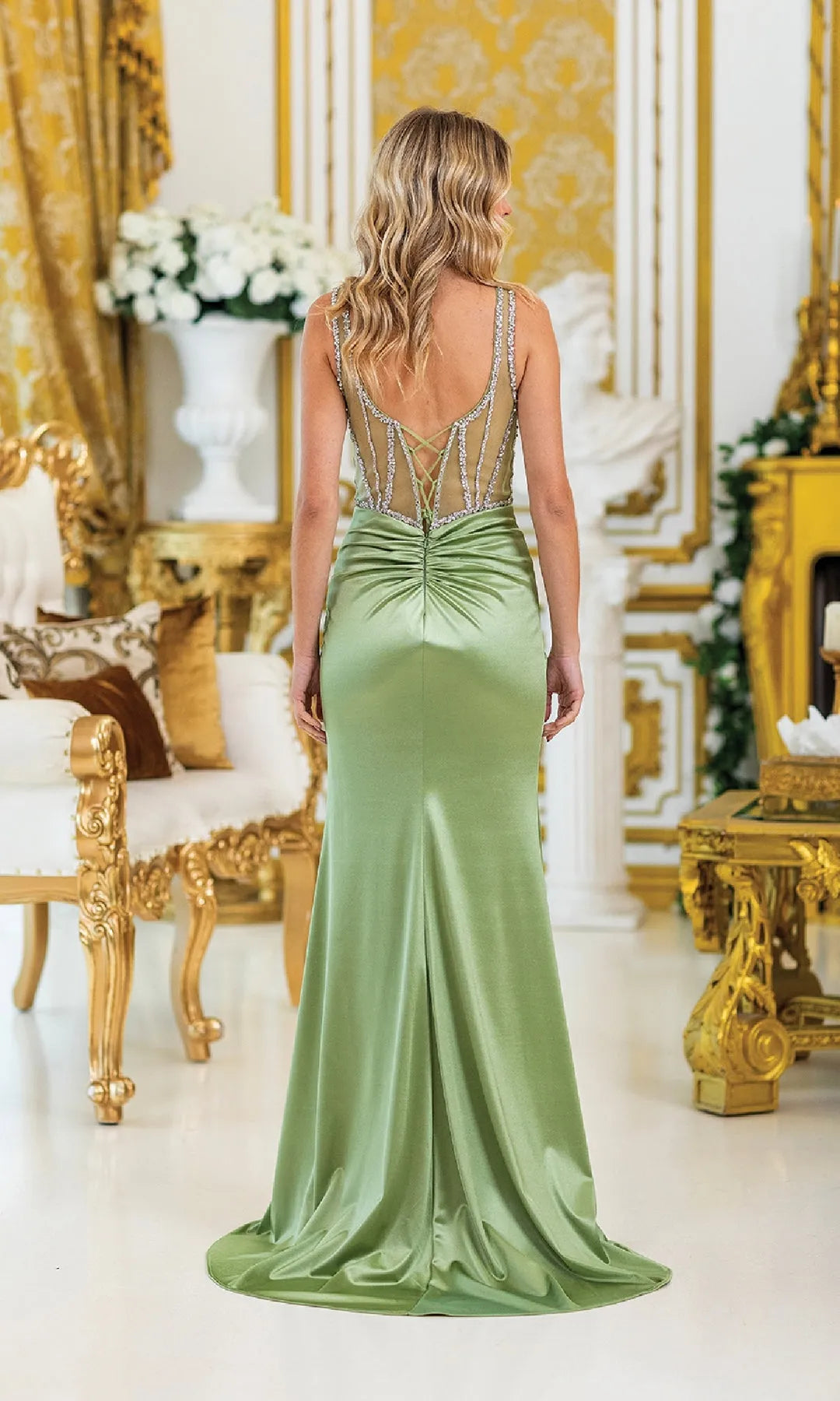 Glamorous Sheath Sweetheart Sleeveless Beaded Slit Sage Long Prom Dresses Women