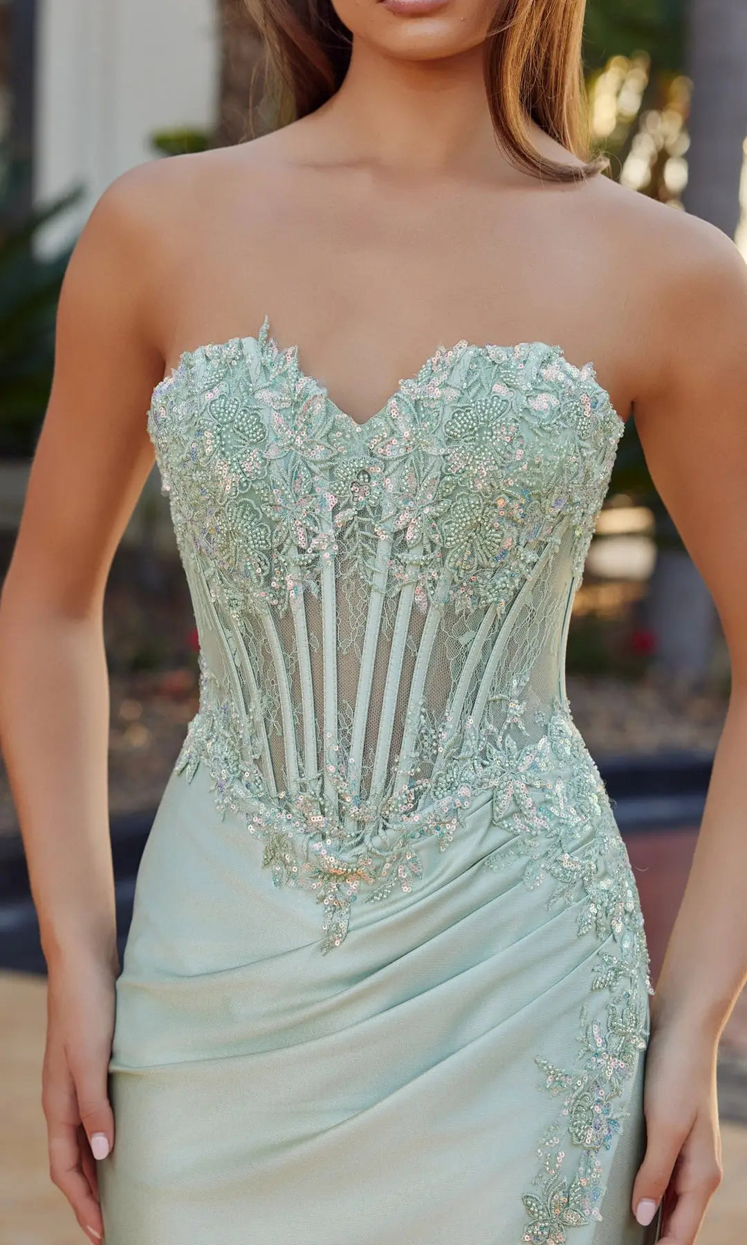 Glamorous Sheath Sweetheart Sleeveless Corset Slit Mint Long Prom Dresses Gown