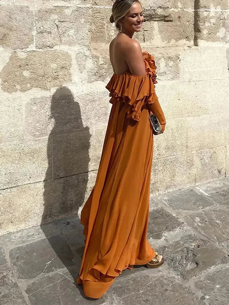 Gorgeous A-Line Off-The-Shoulder Long-Sleeve Ruffled Floor-Length Evening Dress