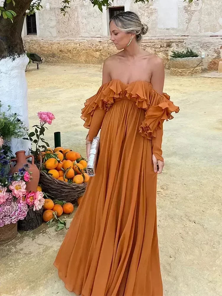Gorgeous A-Line Off-The-Shoulder Long-Sleeve Ruffled Floor-Length Evening Dress