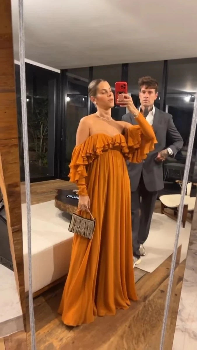 Gorgeous A-Line Off-The-Shoulder Long-Sleeve Ruffled Floor-Length Evening Dress