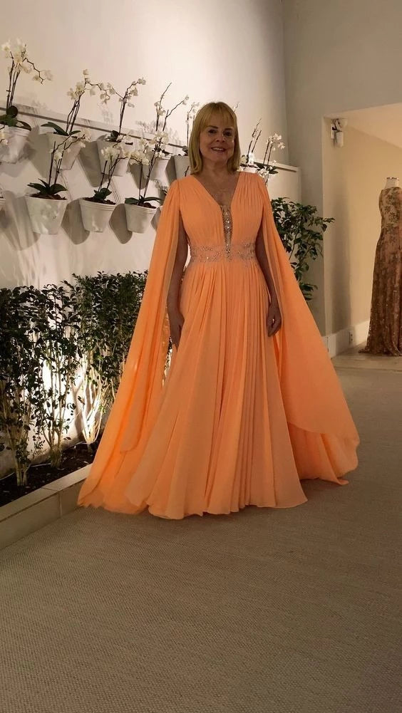 Gorgeous A-line V-neck Cape Sleeve Open Back Floor Length Prom Dress