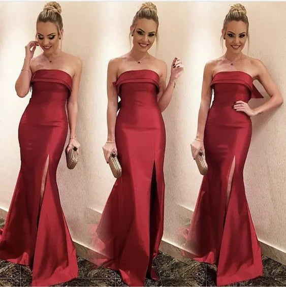 Gorgeous Mermaid Strapless Fold-Over Waist Bow High-Slit Floor-Length Satin Formal Evening Dress