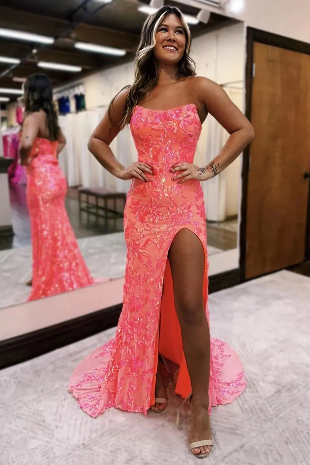 Wholesa Mermaid Lace Up Long Prom Dress With Slit