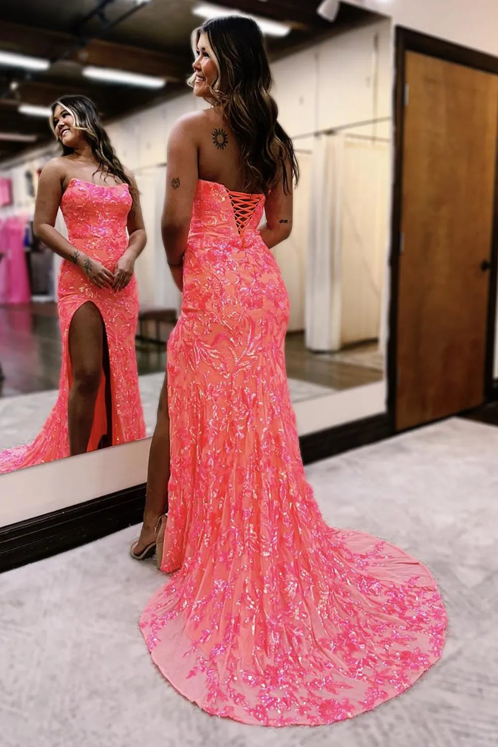 Wholesa Mermaid Lace Up Long Prom Dress With Slit