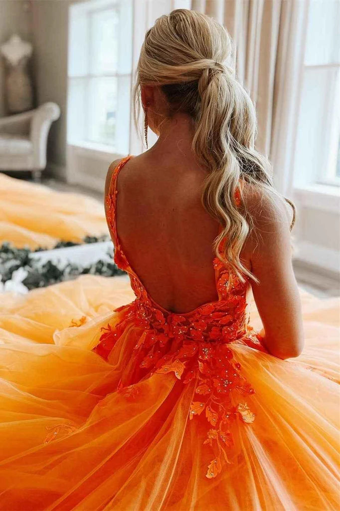Wholesa A-line V-Neck Gorgeous Orange Floral Tulle Long Prom Evening Dress