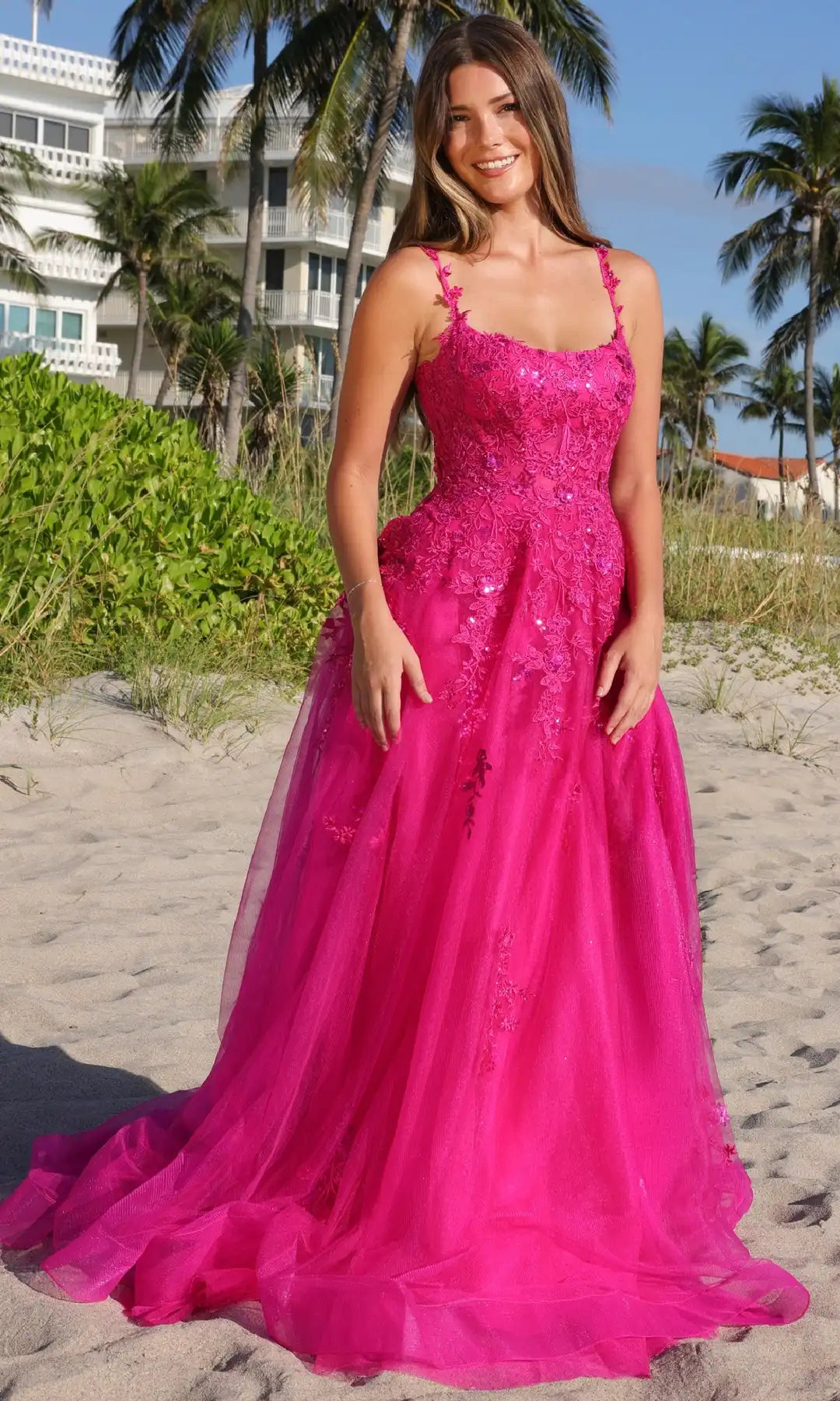 Gorgeous A-Line Scoop Sleeveless Corset Sparkle Fuchsia Long Prom Dresses Women
