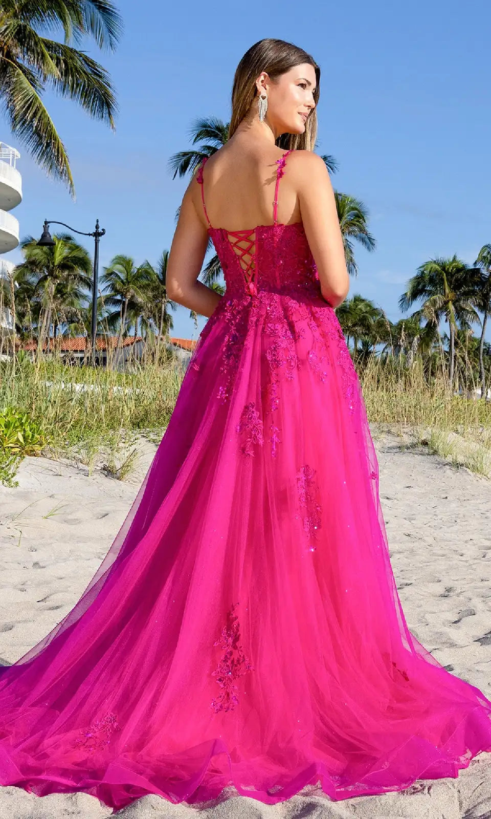 Gorgeous A-Line Scoop Sleeveless Corset Sparkle Fuchsia Long Prom Dresses Women