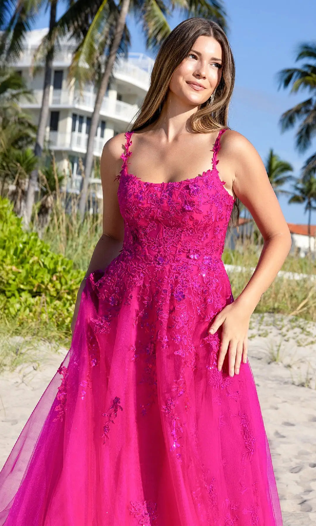 Gorgeous A-Line Scoop Sleeveless Corset Sparkle Fuchsia Long Prom Dresses Women