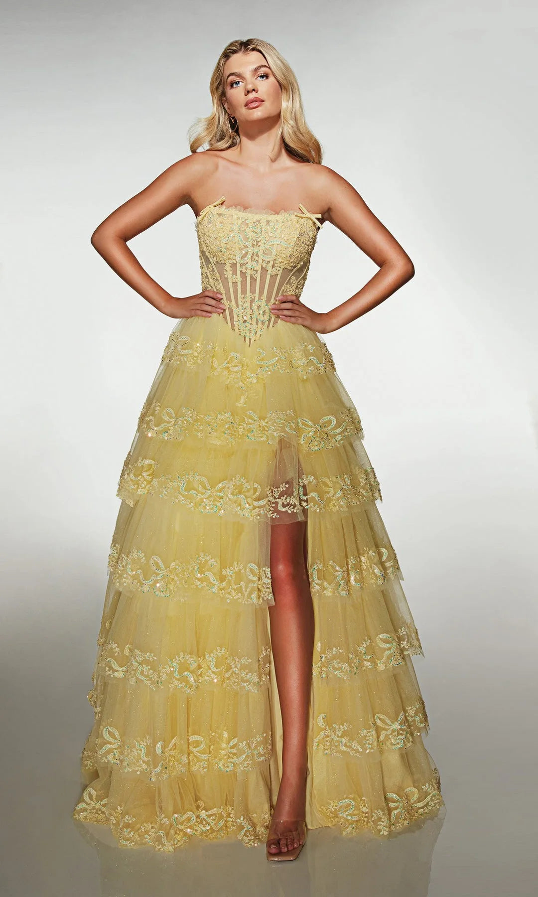 Gorgeous A-Line Strapless Sleeveless Corset Tiered Yellow Maxi Prom Dresses Women
