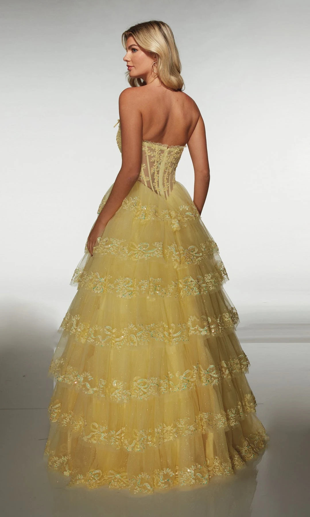 Gorgeous A-Line Strapless Sleeveless Corset Tiered Yellow Maxi Prom Dresses Women