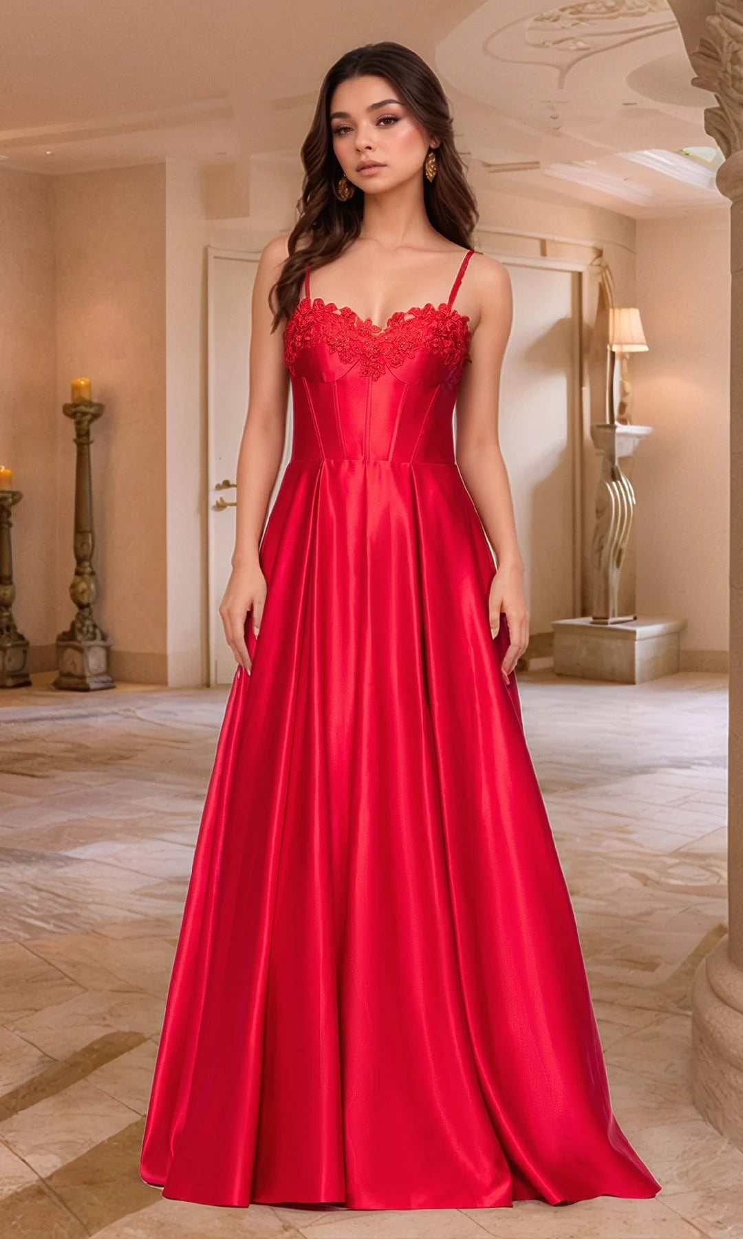 Gorgeous A-Line Sweetheart Sleeveless Corset Pocket Red Long Prom Dresses Women