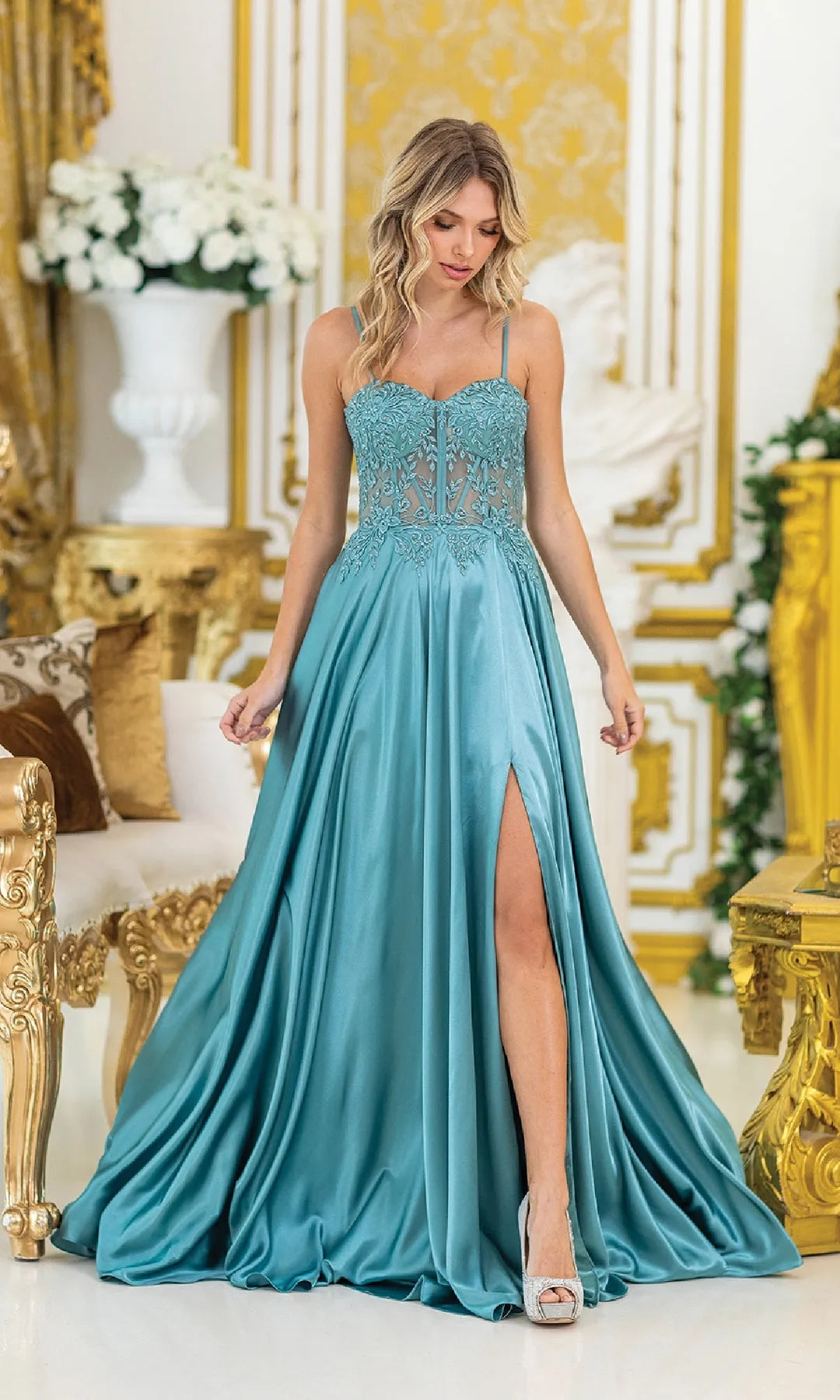 Gorgeous A-Line Sweetheart Sleeveless Corset Slit Teal Prom Dresses Women Gown