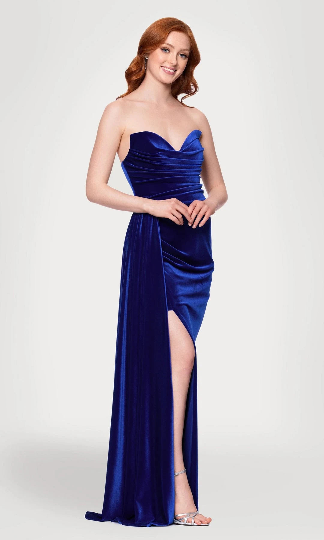 Gorgeous Fitted Strapless Sleeveless Ruched Slit Blue Maxi Prom Dresses Women