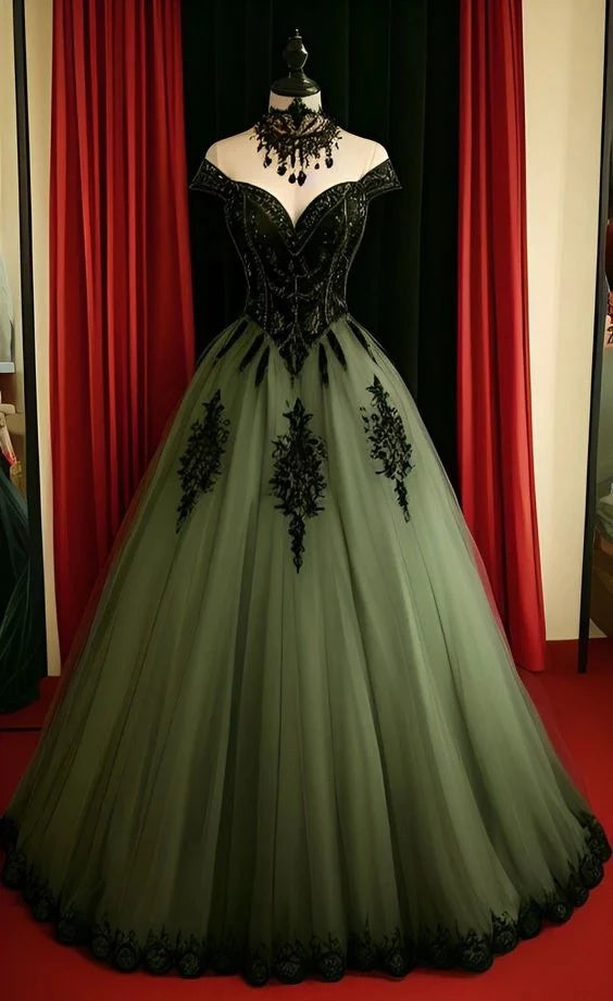 Gothic Ball-Gown Off-The-Shoulder Sweetheart Neck Open Back Beaded Lace Tulle Train Evening Dress