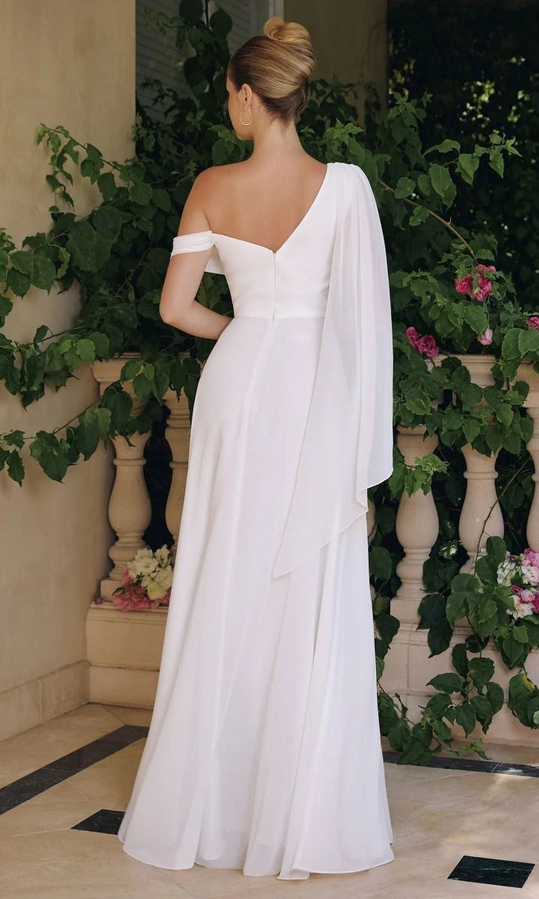 Graceful A-Line One-Shoulder Sleeveless Draped Cape White Maxi Prom Dresses Women