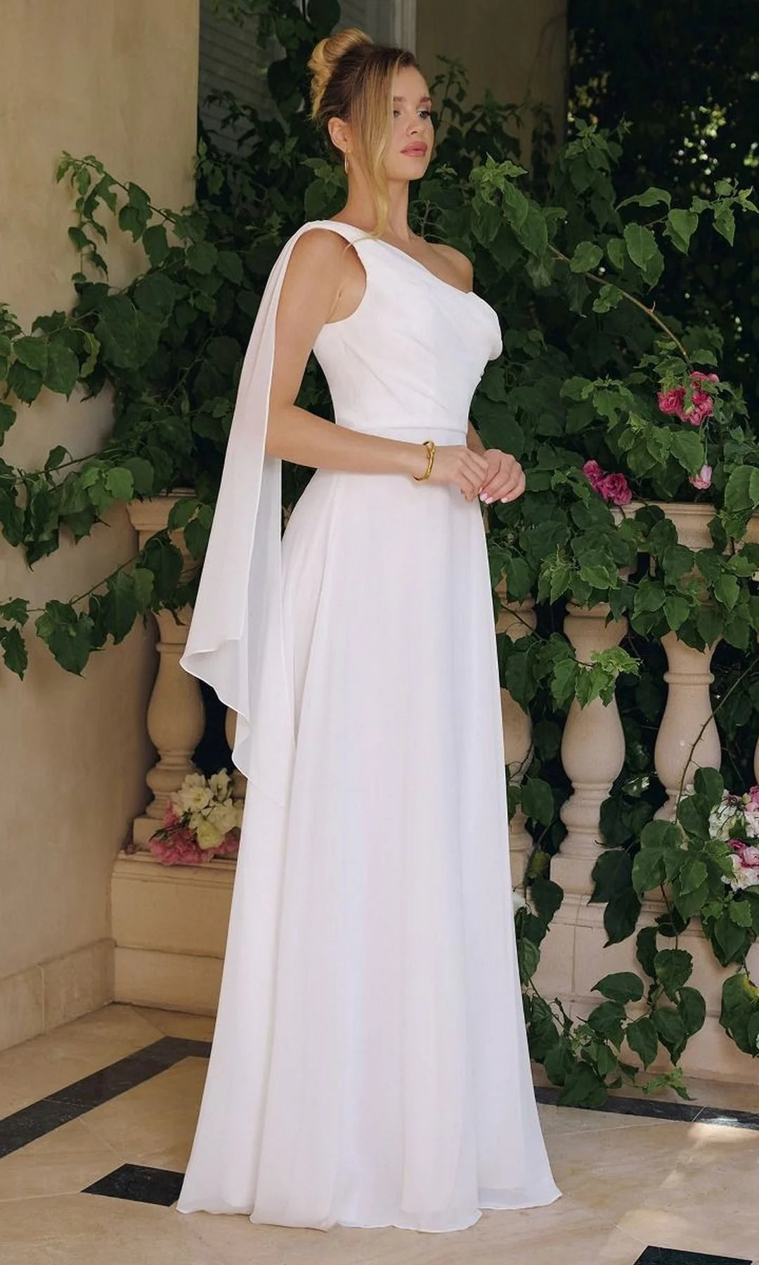 Graceful A-Line One-Shoulder Sleeveless Draped Cape White Maxi Prom Dresses Women