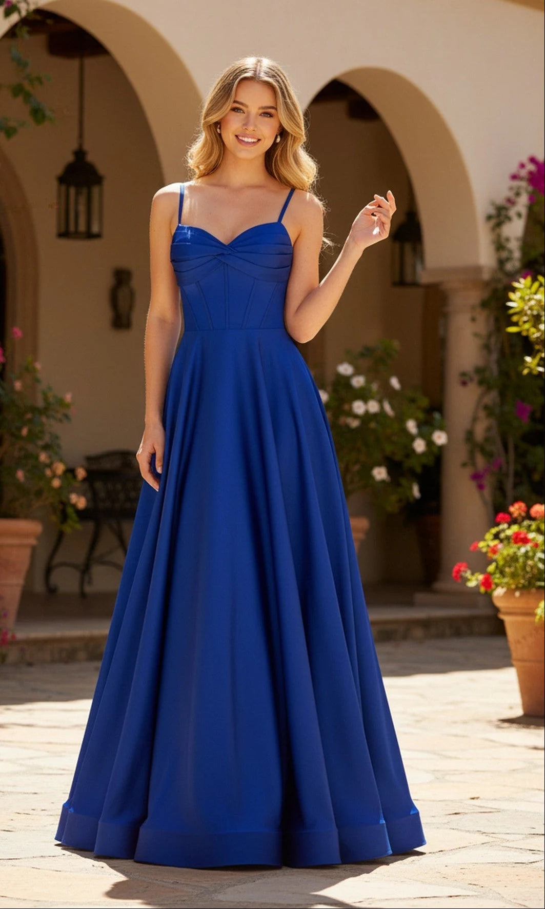 Graceful A-Line Sweetheart Sleeveless Corset Ruched Blue Long Prom Dresses Women