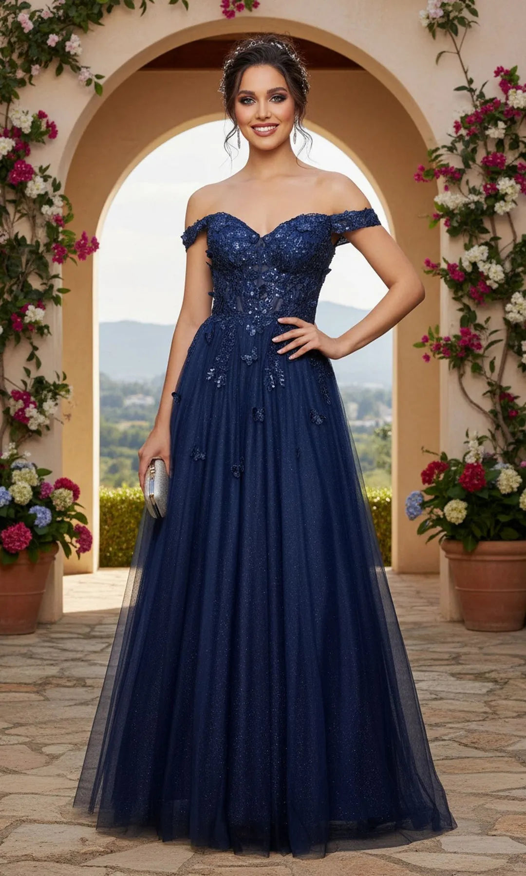 Graceful A-Line Sweetheart Sleeveless Sequin-Embroidered Navy Floor-Length Prom Dresses Women Gowns