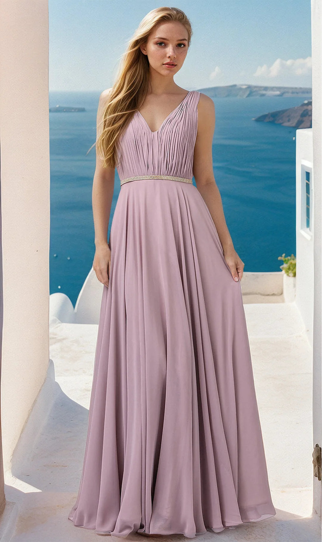 Graceful A-Line V-Neck Sleeveless Pleated Beaded Mauve Maxi Prom Dresses Women