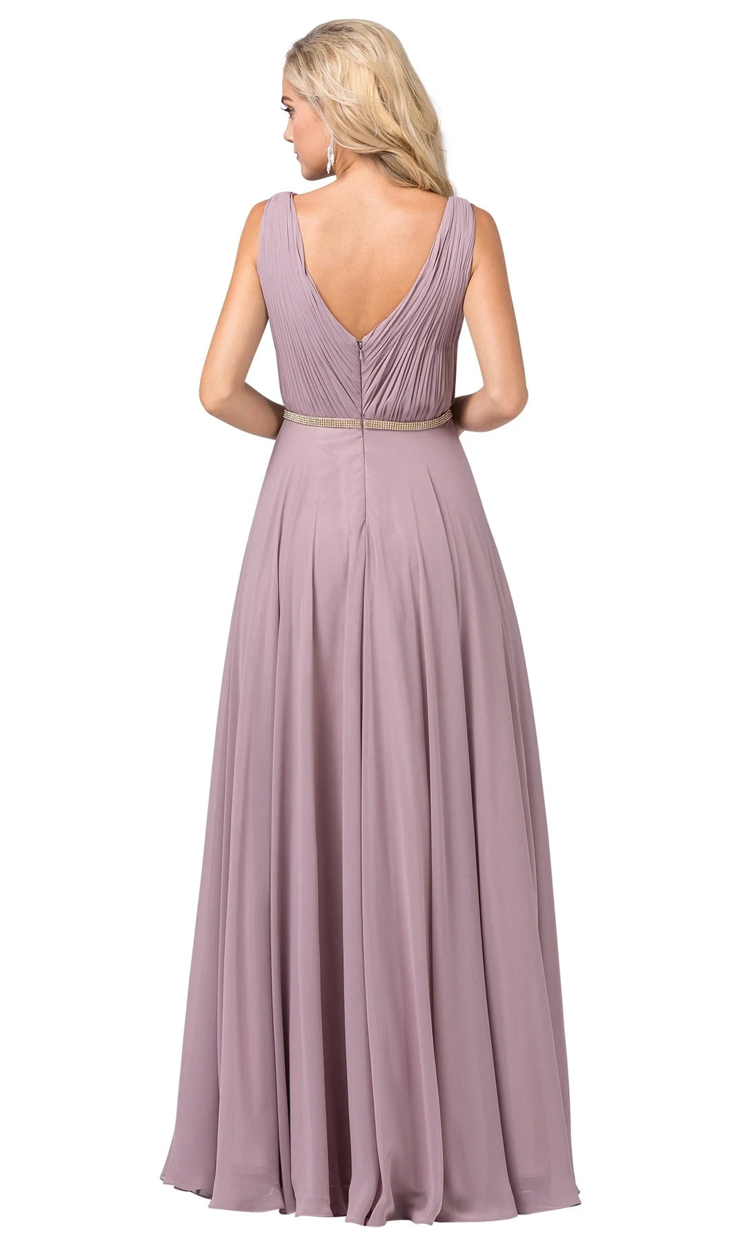 Graceful A-Line V-Neck Sleeveless Pleated Beaded Mauve Maxi Prom Dresses Women