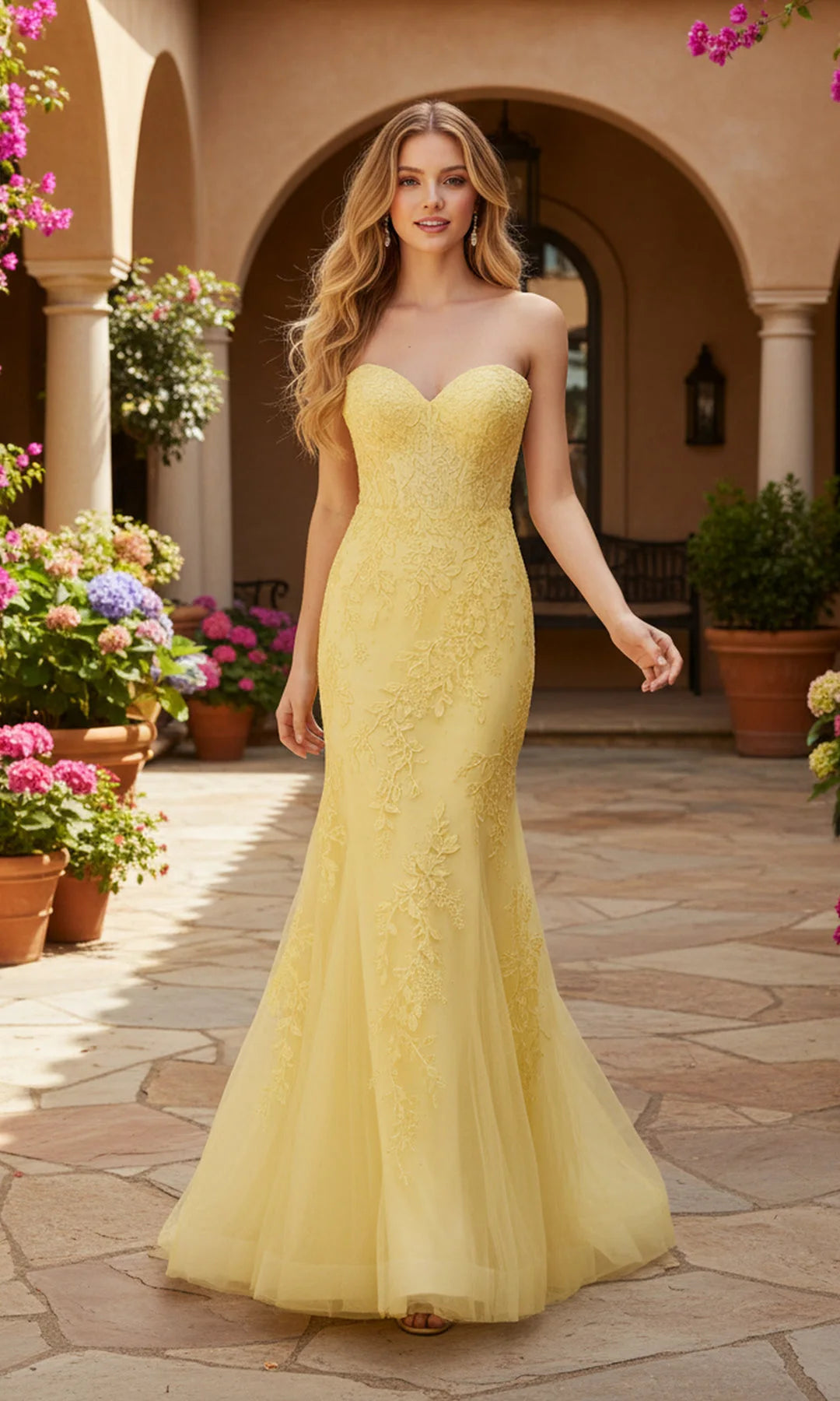Graceful Mermaid Sweetheart Sleeveless Floral Applique Yellow Floor-Length Prom Dresses Women Gown
